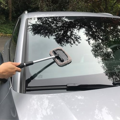 POLYTE Pivoting Windshield Glass Cleaning Tool Extendable Aluminum Handle | 3-Lint Free Microfiber Covers, Spray Bottle, Mesh Bag