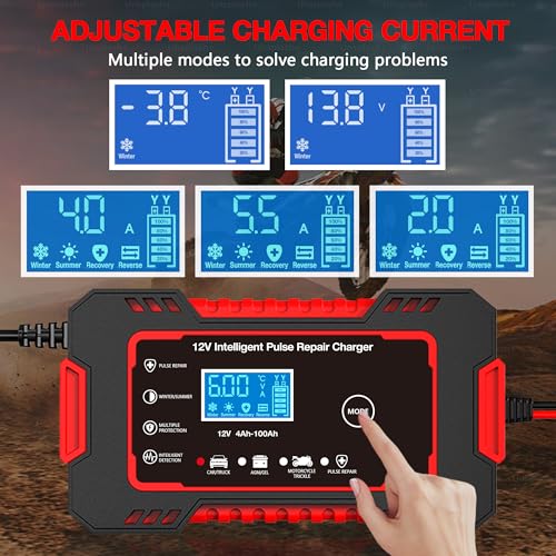 12V 6-Amp Battery Charger, Smart Trickle Charger & Maintainer RED | Battery Desulfator, Winter & Summer Mode, Lead-acid Battery Chargers, for Car Truck Motorcycle Lawn Mower Boat - color: Red