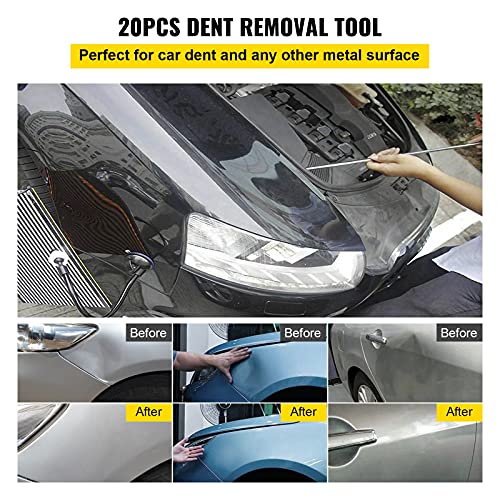 VEVOR Rods Dent Removal Kit, 20 Pcs Paintless Dent Repair Rods, Stainless Steel Dent Rods, Whale Tail Dent Repair Tools, Professional Hail Dent Removal Tool For Minor Dents, Door Dings And Hail Damage - style: 20 Pcs with 10 Rods