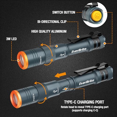 EverBrite 2-Pack Mini Pen Light, Rechargeable Pocket Pen Flashlight with USB C Cable, 4 Light Modes, 300 Lumens Small Flashlight with Clip for Inspection, Repair, Outdoors, Emergency, Deep Blue - color: Deep Blue- 2PK