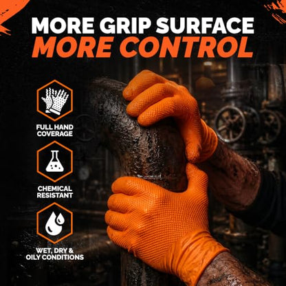 GripProtect 8 Mil Nitrile Gloves – Chemical Resistant, Diamond-Raised Textured Gloves, Orange Heavy Duty Disposable Gloves - size: M