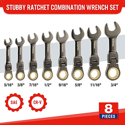 WORKPRO 8 Piece Flex Head Stubby Ratcheting Combination Wrench Set, SAE 5/16-3/4 in, 72-Teeth, CRV, Nickel Plating with Rolling Pouch - size: SAE, style: Nickel-plated