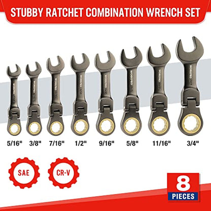 WORKPRO 8 Piece Flex Head Stubby Ratcheting Combination Wrench Set, SAE 5/16-3/4 in, 72-Teeth, CRV, Nickel Plating with Rolling Pouch - size: SAE, style: Nickel-plated