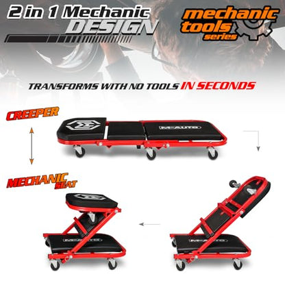 M-AUTO Foldable Z Creeper 2-in-1 Rolling Folding Car Creeper & Seat, 36" Adjustable Roller Garage Chair Lay Down or Sit, 330LBS Capacity Under Car Roller Creeper with 6 Swivel Casters, Red - color: Red, size: 36"