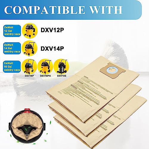 12 Pack DXVA19-4102 Dust Bags for DEWALT 12-16 Gallon Wet Dry Vacuum, Compatible with DXV12P DXV14P DXV16P DXV16PA DXV16S