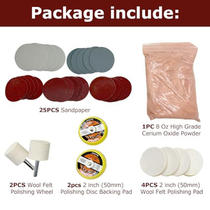 34Pcs/Set Glass Polishing Kit, Deep Scratch Remover, Multifunctional Cerium Oxide Polishing Powder, Glass Repair Kit for Windscreen, Windows, Tables, and Aquariums