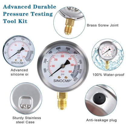 Hydraulic Pressure Test Kit with 3 Gauges 25/40/60 Mpa, 9 Couplings, 3 Test Hoses, Hydraulic Gauge Tester Set for Excavator Construction Machinery - size: Silver 3 gaugs 9 couplings