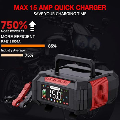 15-Amp Battery Charger, 12V/24V Smart Trickle Charger & Maintainer Red | 9 stage charging, Memory Function, Temperature Compensation, Pulse Repair, for Lead Acid LiFePO4, Various Vehicles Boat