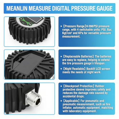 MEANLIN MEASURE Digital Pressure Gauge 0-200 PSI, 1/4" NPT Lower Mount Pressure Gauge with Rubber Protective Cover, Suitable for Pneumatic System, Tire Inflator Pump Air Pressure Measurement - size: 0-200 PSI