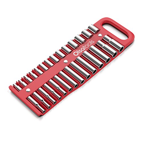 Olsa Tools Magnetic Portable Socket Organizer Tray - 3/8-Inch Drive - Red Holder for Deep & Shallow Sockets - Fits up to 1" SAE or 24mm Metric - Quality Tool Organizer for Professionals - Part 1076 - color: Red, size: 3/8-Inch Drive