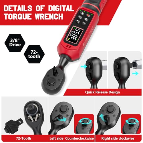 SUERCUP 3/8" Digital Torque Wrench (0.66-44.29Ft.Lb/0.9-60N.m) | ±1% Accuracy with Vibration/Buzzer/LED Alerts, 9 Presets & 5 Units, for Moto Engine/Brake, Car Spark Plug & Oil Drain Repair - size: 3/8" 0.66-44.29Ft.Lb/0.9-60N.m