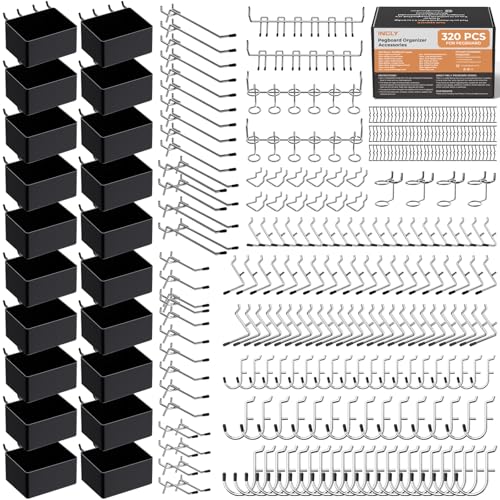 INCLY 320PCS Pegboard Accessories Organizer Kit with Peg Borad Hooks & Bins | Peg Board Hooks Assortment, For Organizing Various Tools, Fit 1/8 or 1/4 inch Pegboard, For Garage Hanging & Storage Tools - size: 320 PCS