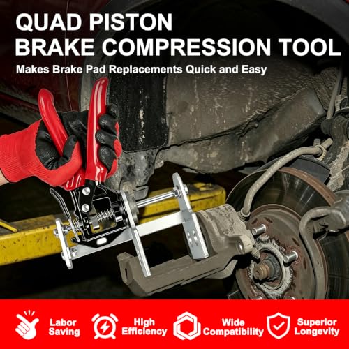Quick Brake Caliper Compression Tool for Quad Piston Disc Brake Calipers | Heavy Duty Brake Piston Compressor for Brake Pad Replacement, Also Works with Many Single & Dual Push-In Brake Calipers