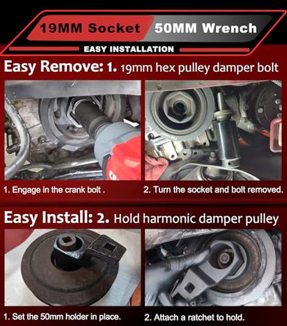 19mm Harmonic Balancer Socket & 50mm Crank Pulley Wrench Holder, Heavy Duty Crankshaft Bolt Removal Tool Kit Compatible with Honda & Acura Engines - 2 PCS