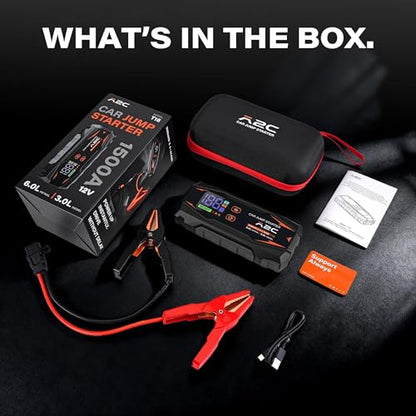 A2C T18 1500A Portable Car Jump Starter, 12V Auto Battery Booster | Fits 6.0L gas / 3.0L diesel, 12000mAh power bank, QC3.0 fast charging, NTC smart safety clamps, LED flashlight, with EVA case