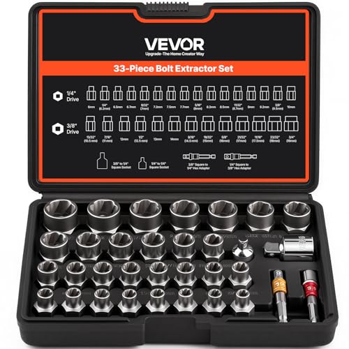 VEVOR Bolt Extractor Set, 32-Piece Bolt and Nut Remover Set, 6mm to 10mm, 13/32" to 3/4", CR-MO Steel Extraction Socket Set with Storage Case, for Removing Damaged Rusted Bolts, Nuts and Screws - size: 33 PCS