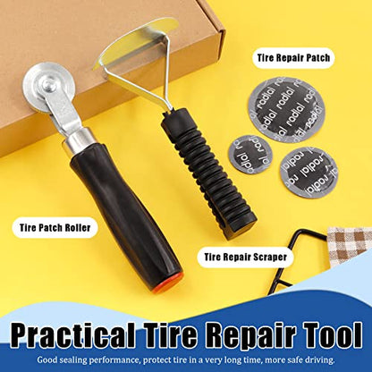 Glarks 25Pcs Tire Repair Tool Kit Including Tire Patch Roller, Tire Inner Liner Scraper and Round Natural Rubber Tire Puncture Practical Car Tire Repair Tool for Car Truck Bike
