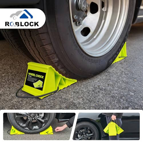 ROBLOCK 4 Pairs Wheel Chocks for Travel Trailers, Non Slip Base Heavy Duty Green Camper Wheel Chockwith Rope, Lightweight Wheel Stoppers for Cars, Camper Trucks, RVs, Easy to Carry, Green