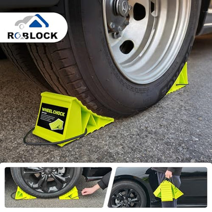 ROBLOCK 4 Pairs Wheel Chocks for Travel Trailers, Non Slip Base Heavy Duty Green Camper Wheel Chockwith Rope, Lightweight Wheel Stoppers for Cars, Camper Trucks, RVs, Easy to Carry, Green