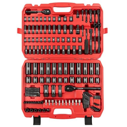 LLNDEI 1/4 & 3/8 Inch Drive Impact Socket Set, 186 Pieces Metric and Standard Full Sockets, CR-V Deep & Shallow Sockets Tool Set with Ratchet Wrench Handle, Spark Plug Socket, Bits for Mechanic - size: 186-Piece 1/4" & 3/8" Drive Socket Set