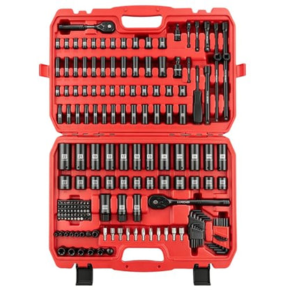 LLNDEI 1/4 & 3/8 Inch Drive Impact Socket Set, 186 Pieces Metric and Standard Full Sockets, CR-V Deep & Shallow Sockets Tool Set with Ratchet Wrench Handle, Spark Plug Socket, Bits for Mechanic - size: 186-Piece 1/4" & 3/8" Drive Socket Set