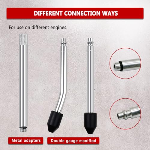 Cylinder Leak Down Tester Kit with Dual Gauges for Gasoline Engines | Checks cylinder leakage, piston rings, valves and head gaskets with dual gauges, adapters and regulated air testing
