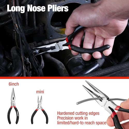 WORKPRO 7-piece Pliers Set, Black | Groove Joint Piler, Long Nose Piler, Slip Joint Piler, Linesman Piler, Diagonal Pliers for DIY & Home Use - color: Red, Black