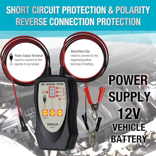 allsun Fuel Injector Tester & Cleaner 4 Pulse Mode Diagnostic Tool with Mode-Lock, Universal 12V Autom Injector Tester Kit, LED Indicator Quick Test Stuck/Leaking/Burnt Injectors for Gasoline Only