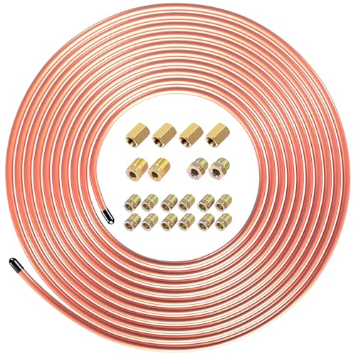 25 Ft Copper-Coated Brake Line Kit, 1/4” brake line Tubing Coil with 20 Fittings, Gold - size: 1/4 inch