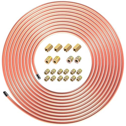 25 Ft Copper-Coated Brake Line Kit, 1/4” brake line Tubing Coil with 20 Fittings, Gold - size: 1/4 inch