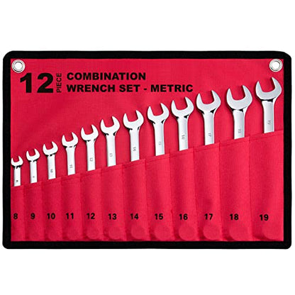 12-Piece Metric Combination Wrench Set in Roll-up Pouch, Non-Skip Sizes 8mm - 19mm | Chrome Vanadium Steel with Mirror Finish | Ideal for General Household, Garage Workshop, Auto Repairs and Much More - size: 12-Piece Metric Set