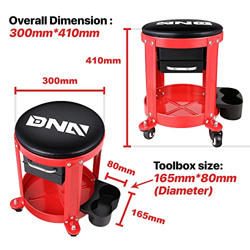 DNA Motoring TOOLS-00197 Round Mechanics Roller Seat Creeper Stool With Padded Cushion, Tool Storage Drawer & Tray, 300 Lbs Max Weight Capacity - color: Red / Black