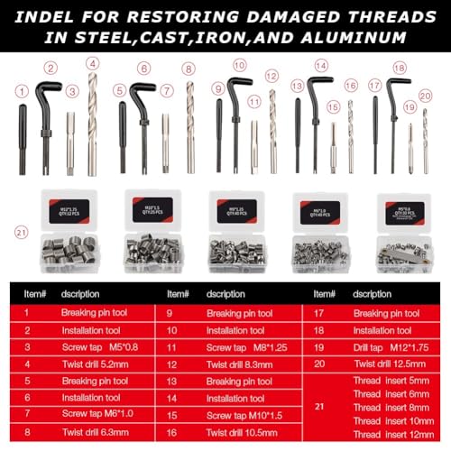 AKM 338Pc Thread Repair Kit, HSS Drill Helicoil Repair Kit SAE&Metric，1/4" 5/16" 3/8" 7/16" 1/2" M5 M6 M8 M10 M12 Kit with Thread Gauge
