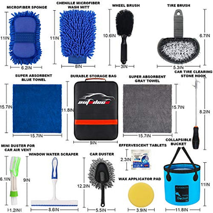22Pcs Car Wash Cleaning Tools Kit Car Detailing Set with Black Canvas Bag Collapsible Bucket Wash Mitt Sponge Towels Tire Brush Window Scraper Duster Complete Interior Car Care Kit