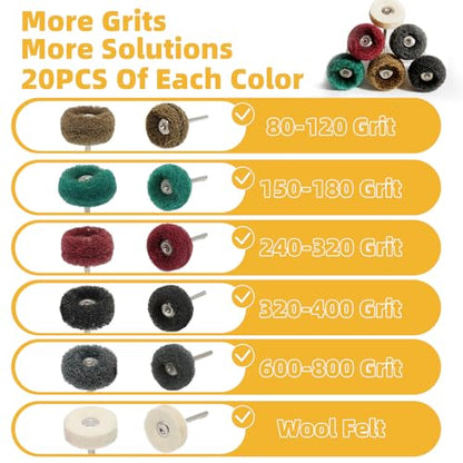 BURMONG 120 Pcs Polishing Kit for Dremel, Abrasive Buffing Wheels 1/8 Inch Shank for Rotary Tool, Polishing Wheels for Metal Wood Jewelry DIY Sanding