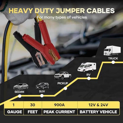 Heavy Duty Jumper Cables, 1 Gauge 30 Feet Jumper Cables for Car | 900AMP, Pure Copper Teeth,Automotive Jumper Cables Kit,Booster Cables,for Car SUV Trucks,with Carry Case,Gloves,Brushes - size: 1 Gauge 30 FT