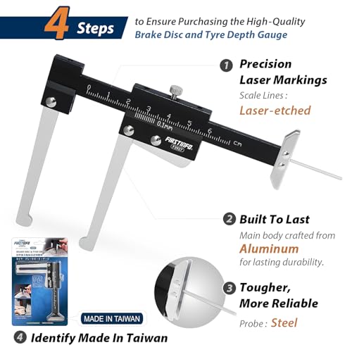 FIRSTINFO F3927 Taiwan Manual Auto Brake Disc Depth Gauge, Tire Tread Depth Measuring Caliper, 0-60mm Metric Gauge Ruller