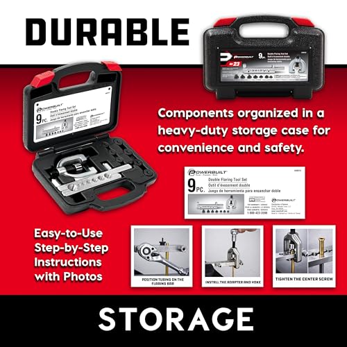 Powerbuilt 9 Piece Double Flaring Tool Set, Use on Copper, Aluminum, Soft Steel Brake Line and Brass Tubing, Storage Case - 648610 - style: 9 Piece