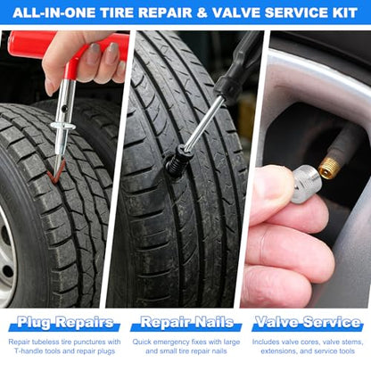 Tire Plug Kit, 130 PCS Tubeless Tire Repair Kit with Heavy-Duty Metal T-Handle Tools, Repair Strips, Screw-in Repair Plugs, Valve Stem Service Accessories & Hard Case for Car SUV Motorcycle ATV - color: 130Pcs Tire Repair Kit