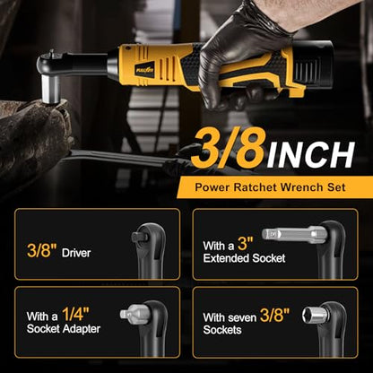 FULLYEA 3/8" Cordless Electric Ratchet Wrench Set, 550RPM, 40Ft-lbs, 16.8V Extended Power Ratchet Tool Kit with Variable Speed, 1/4" Adapter, 3" Extension Bar, 2*2.0Ah Battery and Fast Charger(Yellow)