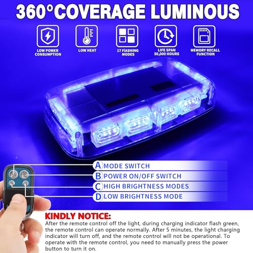 Rechargeable Blue Emergency Roof Top Strobe Light Wireless Battery, 48LED 17 Flashing Modes,High Low Brightness,Hazard Traffic Lights w/Magnetic Base, Remote Control for Construction Vehicles - color: Blue