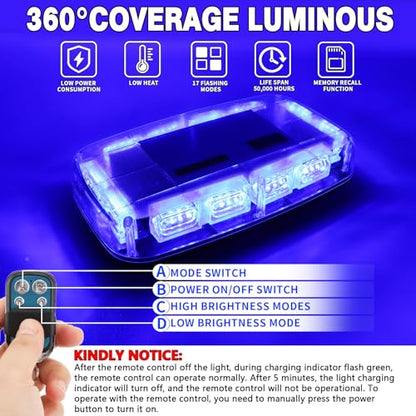 Rechargeable Blue Emergency Roof Top Strobe Light Wireless Battery, 48LED 17 Flashing Modes,High Low Brightness,Hazard Traffic Lights w/Magnetic Base, Remote Control for Construction Vehicles - color: Blue