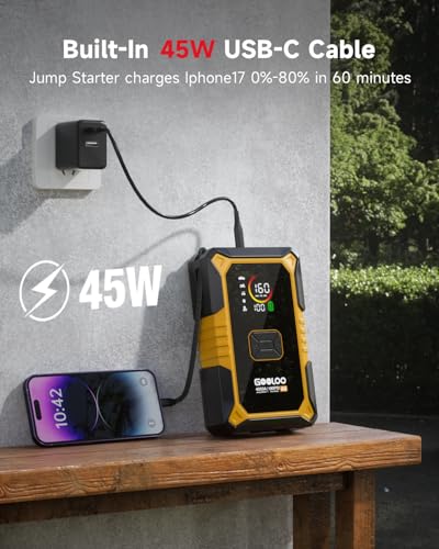 GOOLOO A5 Jump Starter with Air Compressor, 4000A Car Battery Booster | 4-in-1: 4000A Portable Car Jump Starter - 160 PSI Auto-Off Inflator - 45W USB-C Output with Built-In Cable - LED Flashlight - color: Yellow