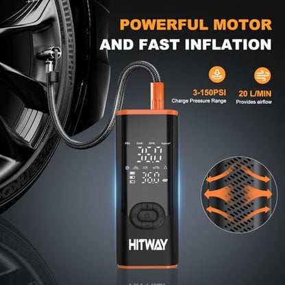 HITWAY Portable Electric Inflator Pump Supports up to 150PSI, fast inflation, suitable for car, motorcycle, bicycle tires and sports equipment, LCD display screen, USB charging, built-in LED light