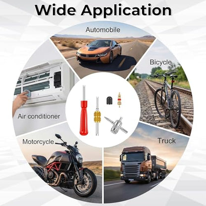Car Tire Repair Tools Tire-Valve Core Remover Valve Stem Removal Tool Kit with 4-Way Valve Tool, 10 Pcs Valves Stem Caps, 20 Pcs Valves Cores for Cars Trucks Motorcycles Bicyclescs