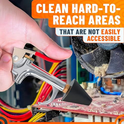 Air Nozzle Blow Gun for Compressor, 1/4 In Stainless Steel HVAC Tool | Blows Dust from Tight Spaces with Compressed Air - Rust-Resistant Brass Thread, Rubber Tip, Thumb Lever | Adjustable Pressure