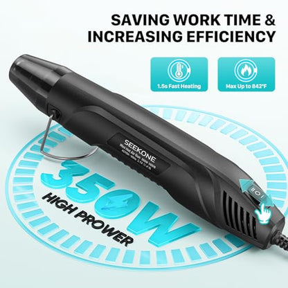 SEEKONE 350W Mini Heat Gun with Dual-Temp Model 500℉ & 842℉(260℃& 450℃), Hot Air Gun with Overload Protection and Reflector Nozzle for Heat Shrinking Tubes, Shaping, PVC Tubing（Black） - color: Black
