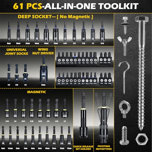 61PCS Magnetic Impact Nut Driver Set, Deep Nut Drivers for Drills Metric & SAE, Socket Adapters, Wing Nut Driver, 1/4'' Quick Change, Bit Extension, Pivoting Nutsetter, S2 Steel Bits, Upgraded Box - style: 61 piece