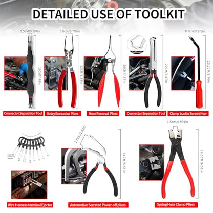 Electrical Disconnect Pliers Kit, 8Pcs Auto Kit: Connector/Hose/Plug Pliers, Pin Remover, Separator, Spring Clamp, U-Clip Pry Bar & Hose Removers for Car & Home Repairs. Great Gift & DIYers w/Case