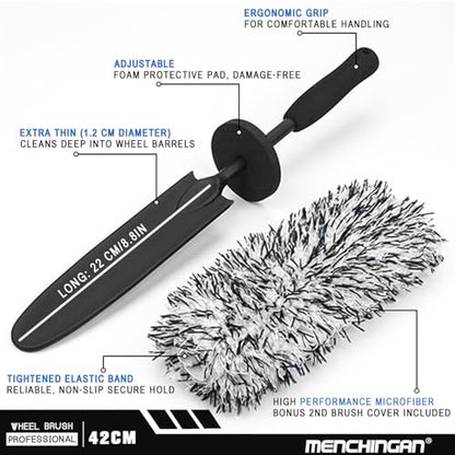 Professional Car Wheel Cleaning Kit with Ultra-Flat Wheel Brush, Tire Brush, Detailing Brush, Chenille Wash Mitt, Tire Shine Applicator Pad, Microfiber Towel | Gentle Scratch-Free Car Wash & Care